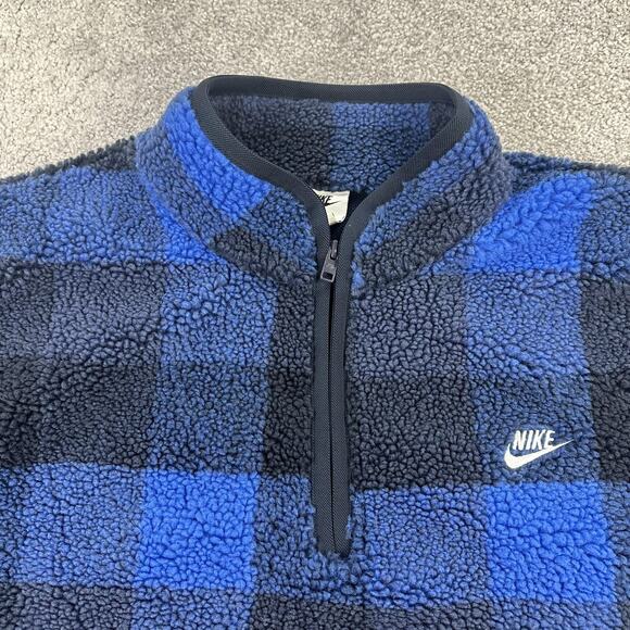 Nike Sherpa Fleece Pullover Mens Medium Blue Buffalo Plaid 1/4 Zip FZ0896-475 - Picture 5 of 11